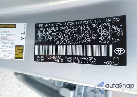 2025 Toyota Prius Xle z USA, uszkodzony, nr VIN JTDACAAUXS3060579